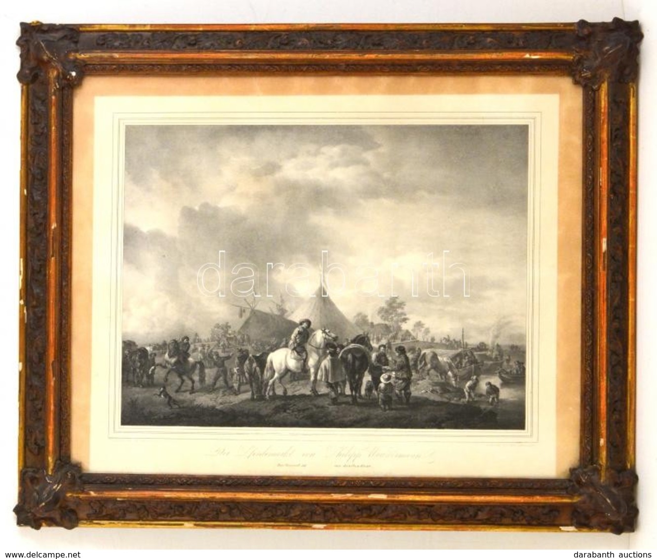 Cca 1850 Philip Wouwerman Festménye Után Készült Metszet, üvegezett Keretben, 31×42 Cm - Estampas & Grabados