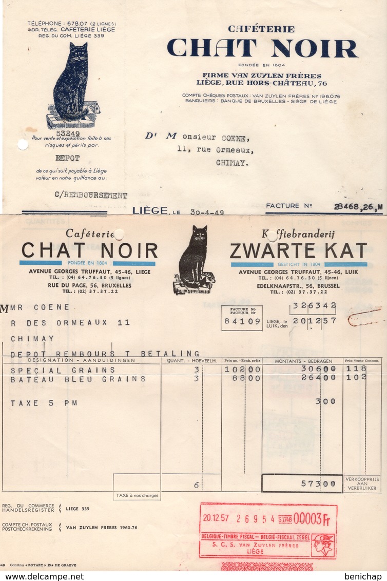2 FACTURES - CAFETERIE CHAT NOIR - KOFFIEBRANDERIJ ZWARTE KAT - CHIMAY - 1949 - 1957. - Alimentaire