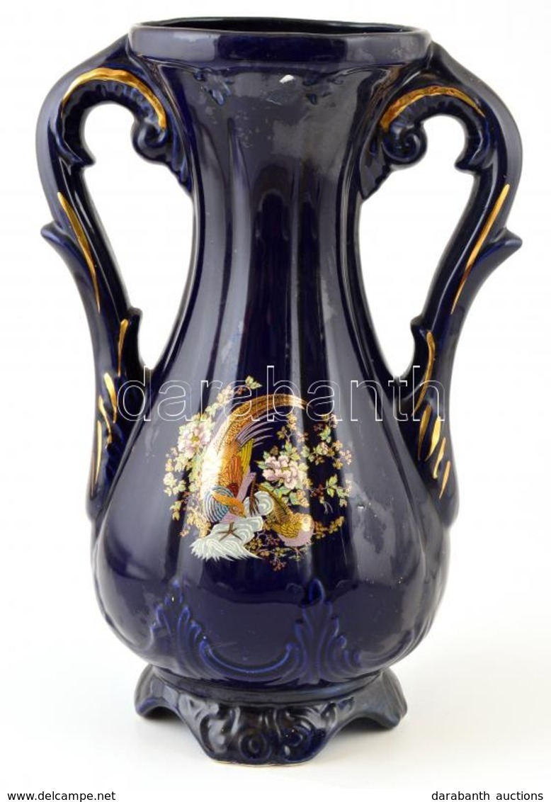 Olasz Kék Kerámia Váza Virágmintával, Matricás, Hibákkal, M: 37 Cm - Sonstige & Ohne Zuordnung