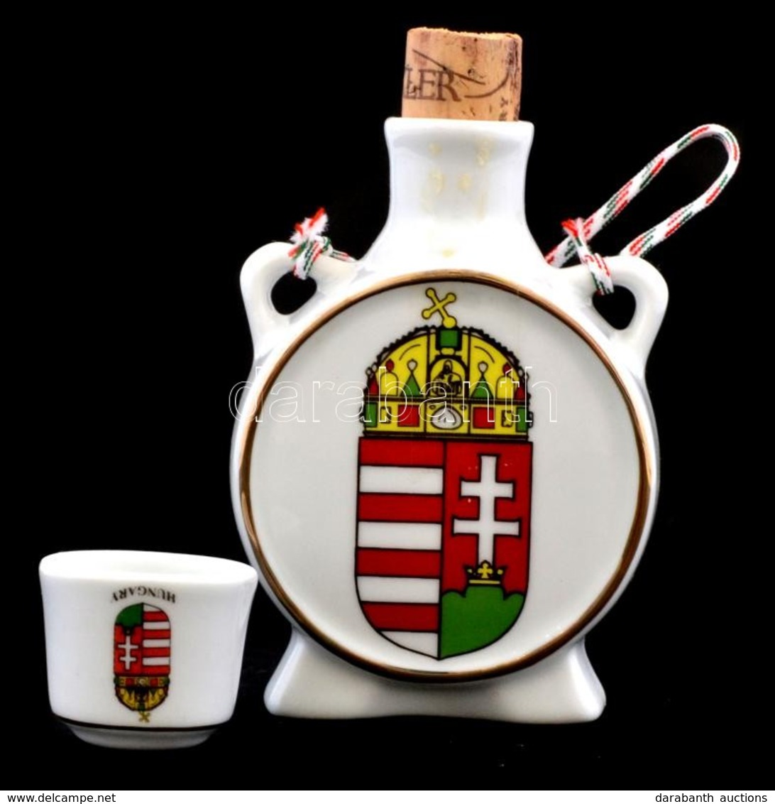 Kalocsai Porcelán Pálinkás Palack és Kupica, Matricás, Jelzett, Kis Kopásnyomokkal, M: 10,5 Cm - Otros & Sin Clasificación