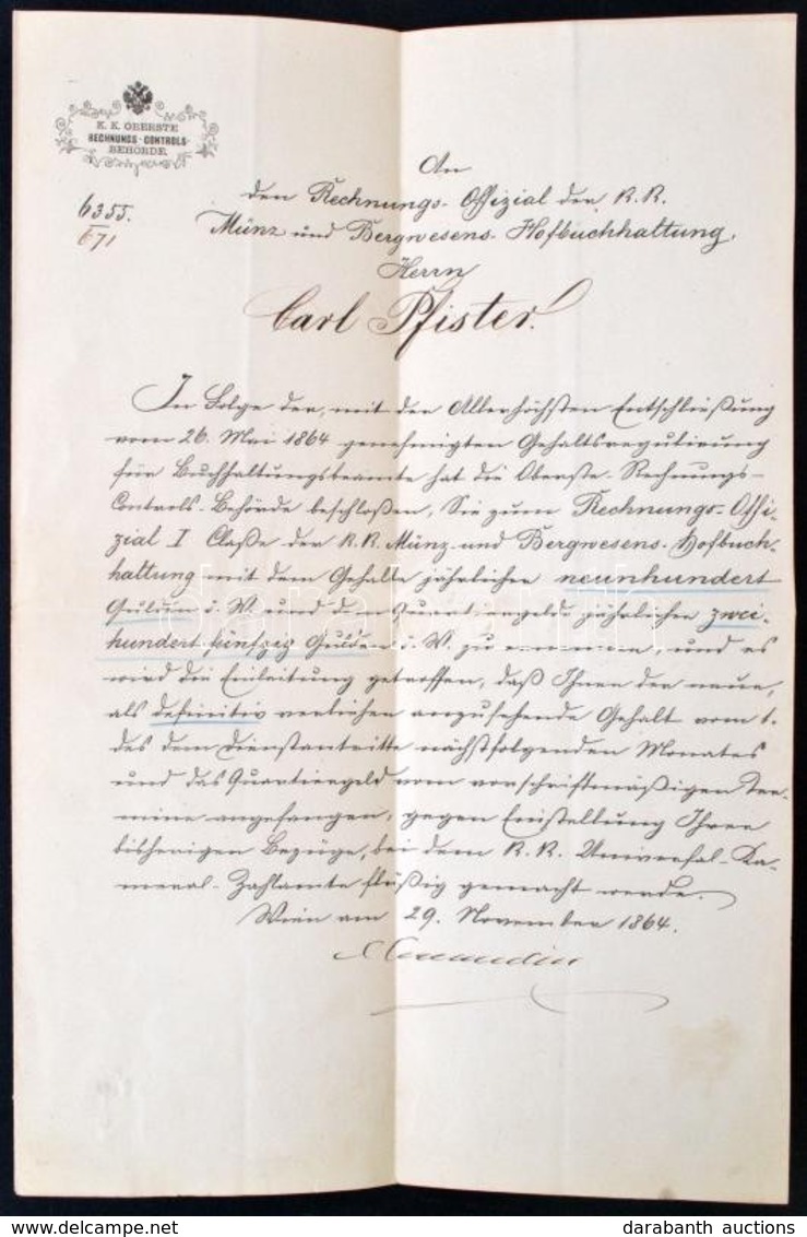 1864 A Budai Német Karl David Pfister (1822-?), A Cs. Kir. Pénzverési- és Bányászati Udvari Könyvelés Számvevőtisztje Ré - Sin Clasificación