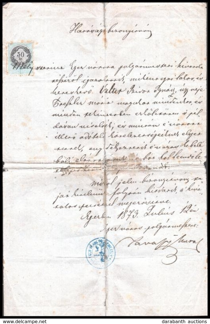 1873 Eger, Hatósági Igazolvány 50 Kr Okmánybélyeggel - Ohne Zuordnung