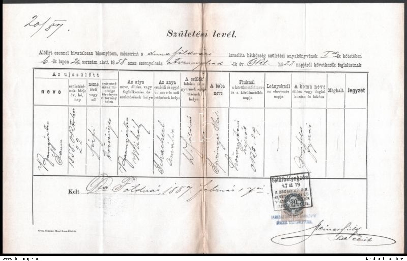 1887 Földvár, Születési Levél 50 Kr Okmánybélyeggel - Sin Clasificación