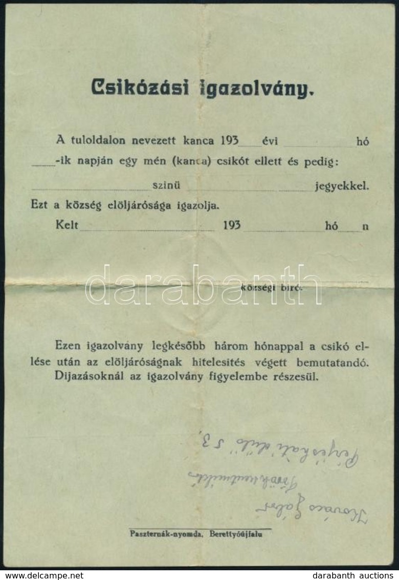 1938 Csikózási Igazolvány és Fedeztetési Jegy, Nagykerekiben Kitöltve - Ohne Zuordnung