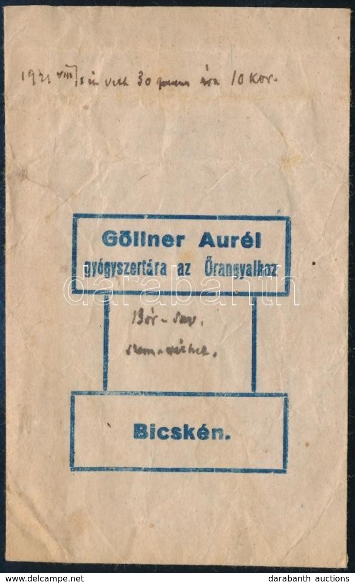 1921 Bicske, Göllner Aurél Gyógyszertára Az Őrangyalhoz Tasakja, 10x6 Cm - Werbung