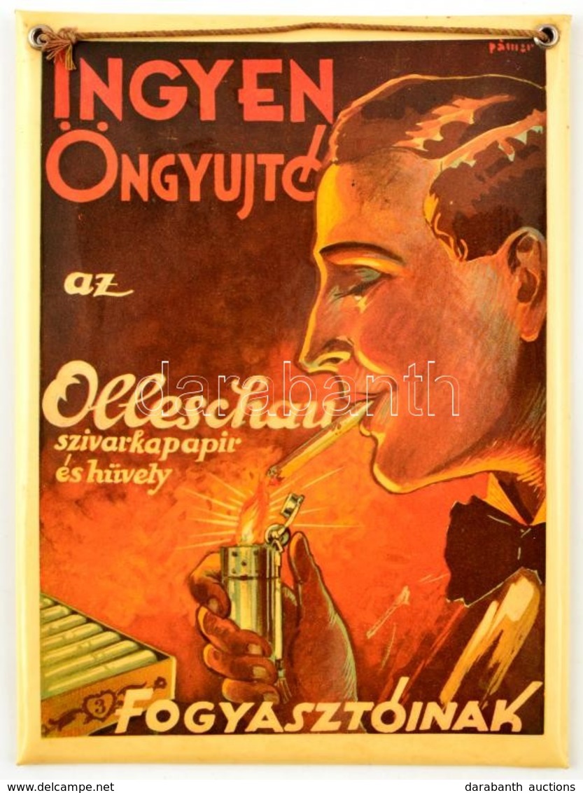 Cca 1925 Ingyen öngyújtó Az Olleschau Szivarkahüvely és Papír Fogyasztóinak, Celluloiddal Védett Domború Tábla, Falra Ak - Publicidad