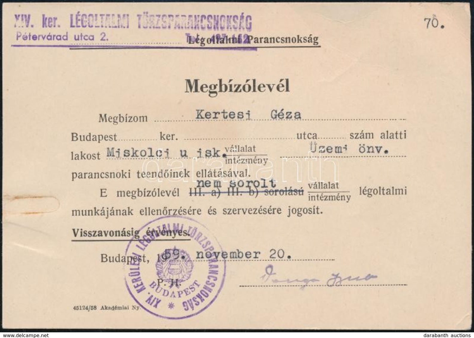 1959 Bp., XIV. Ker. Légoltalmi Törzsparancsnokság által Kiállított Megbízólevél - Sonstige & Ohne Zuordnung