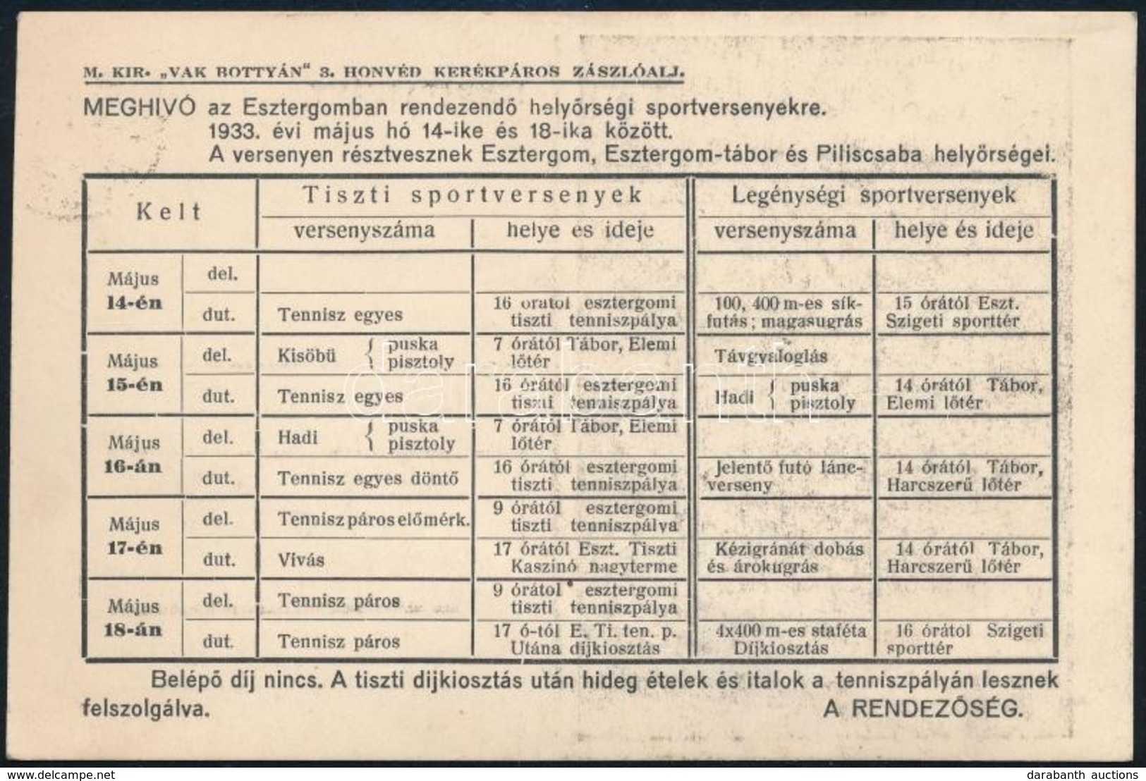 1933 A M. Kir. 'Vak Bottyán' 3.honvéd Kerékpáros Zászlóalj Esztergomban Rendezendő Sportversenyére (tiszti és Legénységi - Sonstige & Ohne Zuordnung