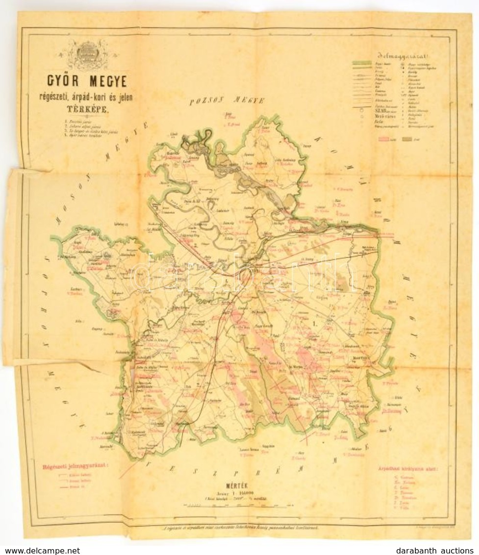 1873 Győr Megye Régészeti, árpád-kori és Jelen Térképe. M. Kir. Államnyomda. Szakadással: 45x52 Cm - Otros & Sin Clasificación