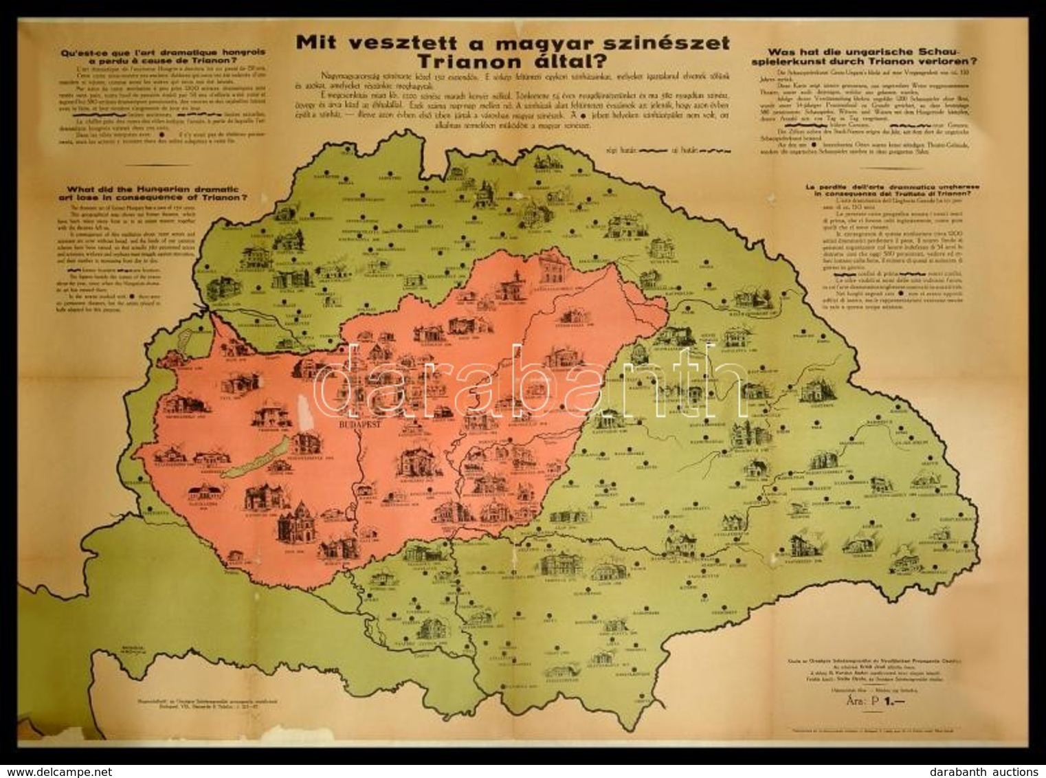 Cca 1930 Mit Vesztett A Magyar Színészet Trianon által?  Térkép A Színészegyesület Kiadásban. 75x100 Cm Vászonra Kasíroz - Sonstige & Ohne Zuordnung