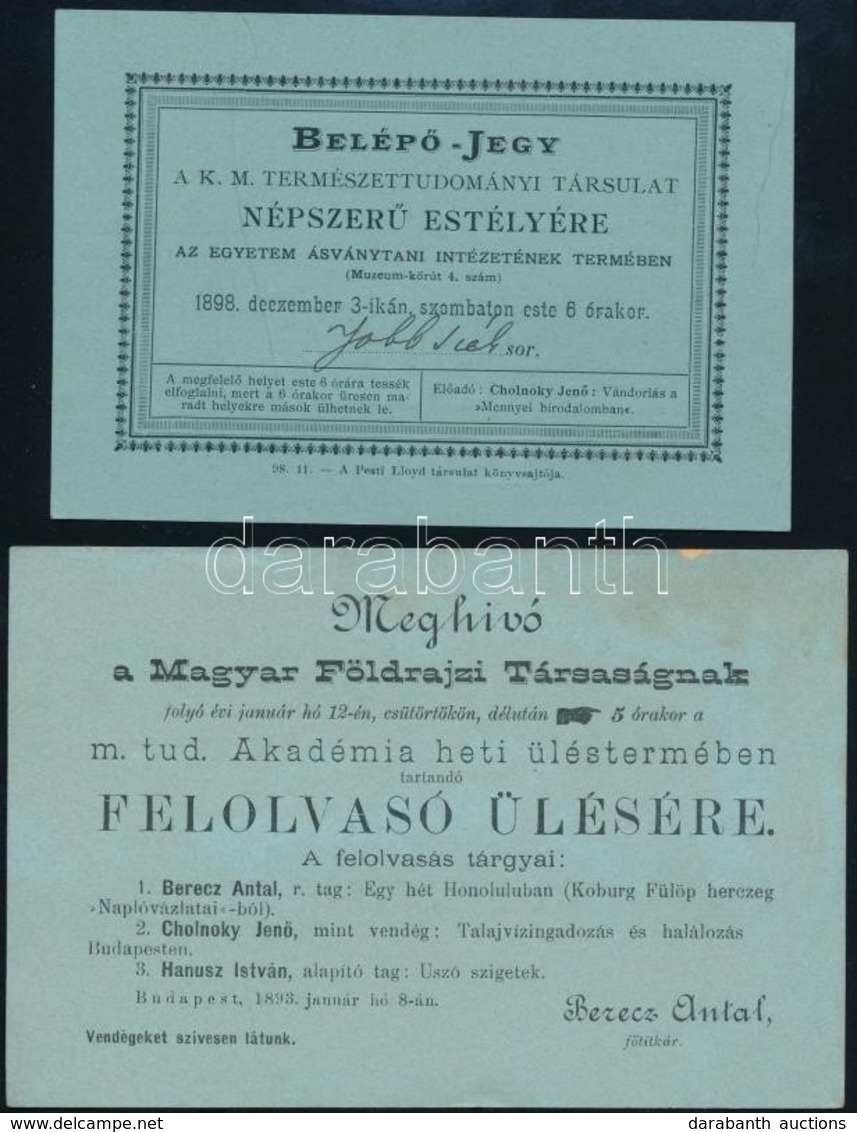 1893-1898 Magyar Földrajzi Társaság Felolvasó ülésének Névre Szóló Meghívója és A Kir. M. Természettudományi Társulat Né - Ohne Zuordnung