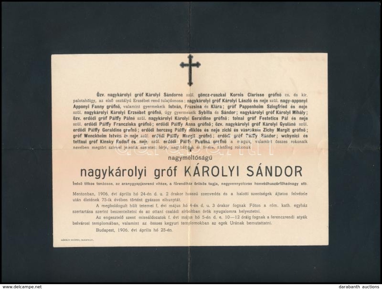 1906 Gr. Károlyi Sándor Volt Huszárfőhadnagy Halotti értesítője Postán Elküldve - Sin Clasificación