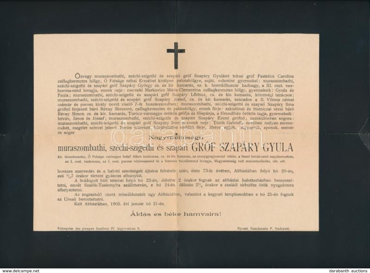 1908 Gr. Szapáry Gyula Volt Miniszterelnök Halotti értesítője Postán Elküldve - Sin Clasificación