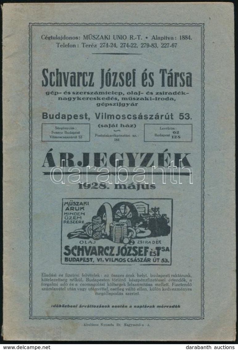 Cca 1920 Schvarcz József és Társa Gép Nagykereskedés Képes árjegyzék 70 P. - Ohne Zuordnung