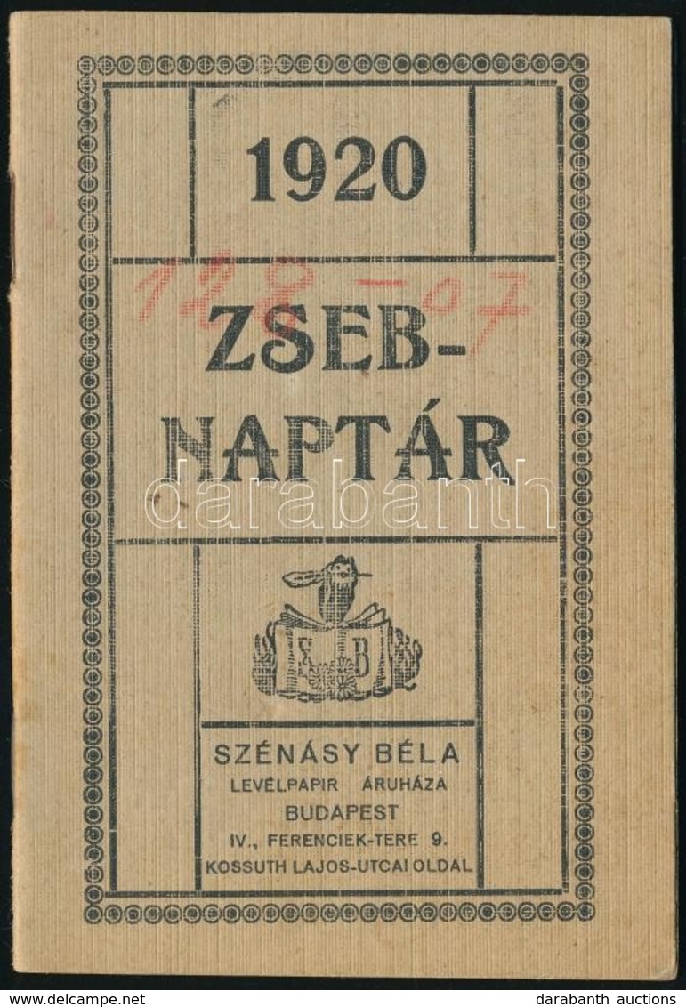 1920 Zsebnaptár. Szénásy Béla. 32 P Bejegyzésekkel - Sin Clasificación