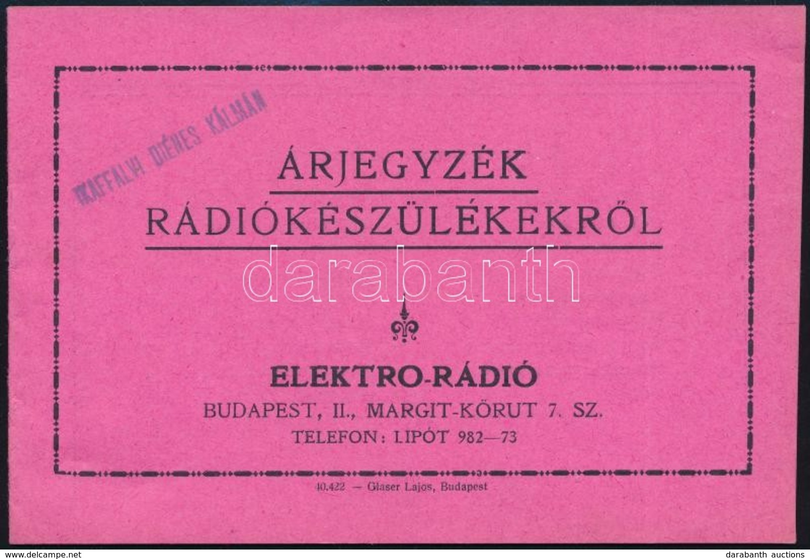 Cca 1920 Árjegyzék Rádiókészülékekről 16p. - Sin Clasificación