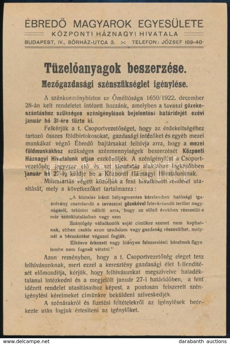 1923 Bp., Az Ébredő Magyarok Egyesülete (ÉME) Hátoldalt Pecsételt Szórólapja A Tüzelőanyagok Beszerzésével Kapcsolatban - Sin Clasificación