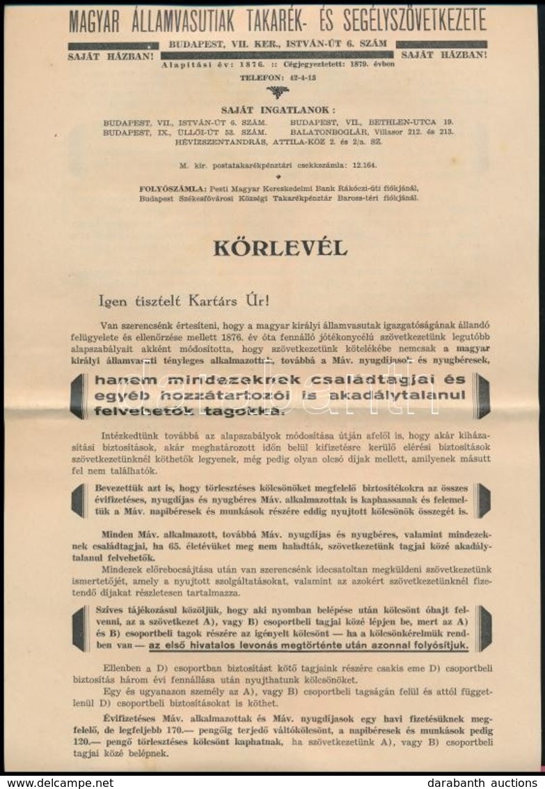 Cca 1930 Magyar Államvasutak Takarék és Segélyszövetkezete Ismertető Füzet 20p. és Körlevél Borítékkal - Sin Clasificación