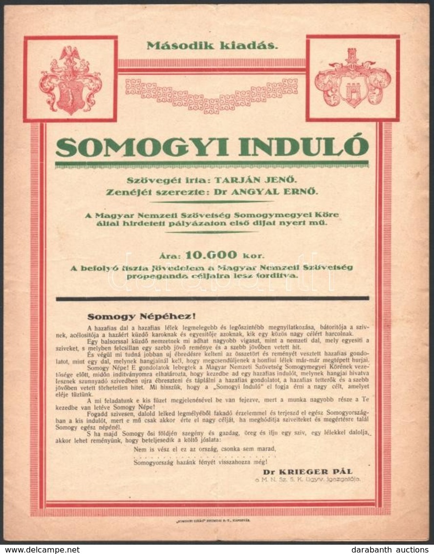 Cca 1930-1940 Tarján Jenő-D. Angyal Ernő: Somogyi Induló. Kaposvár, én., 'Somogyi Újság', Második Kiadás, 2 Sztl. Lev. M - Sin Clasificación