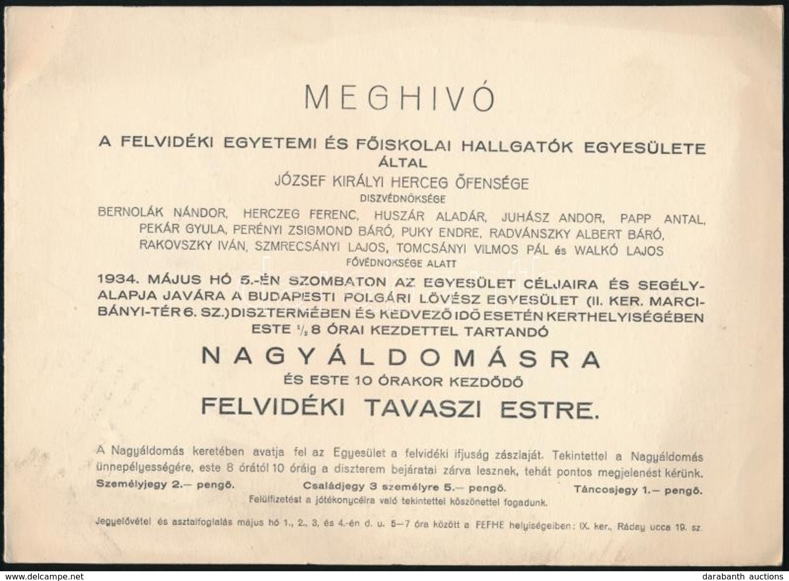 1934 Felvidéki Egyetemi és Főiskolai Hallgatók Egyesülete Meghívója Nagyáldomásra, és Felvidéki Tavaszi Estre. - Sin Clasificación