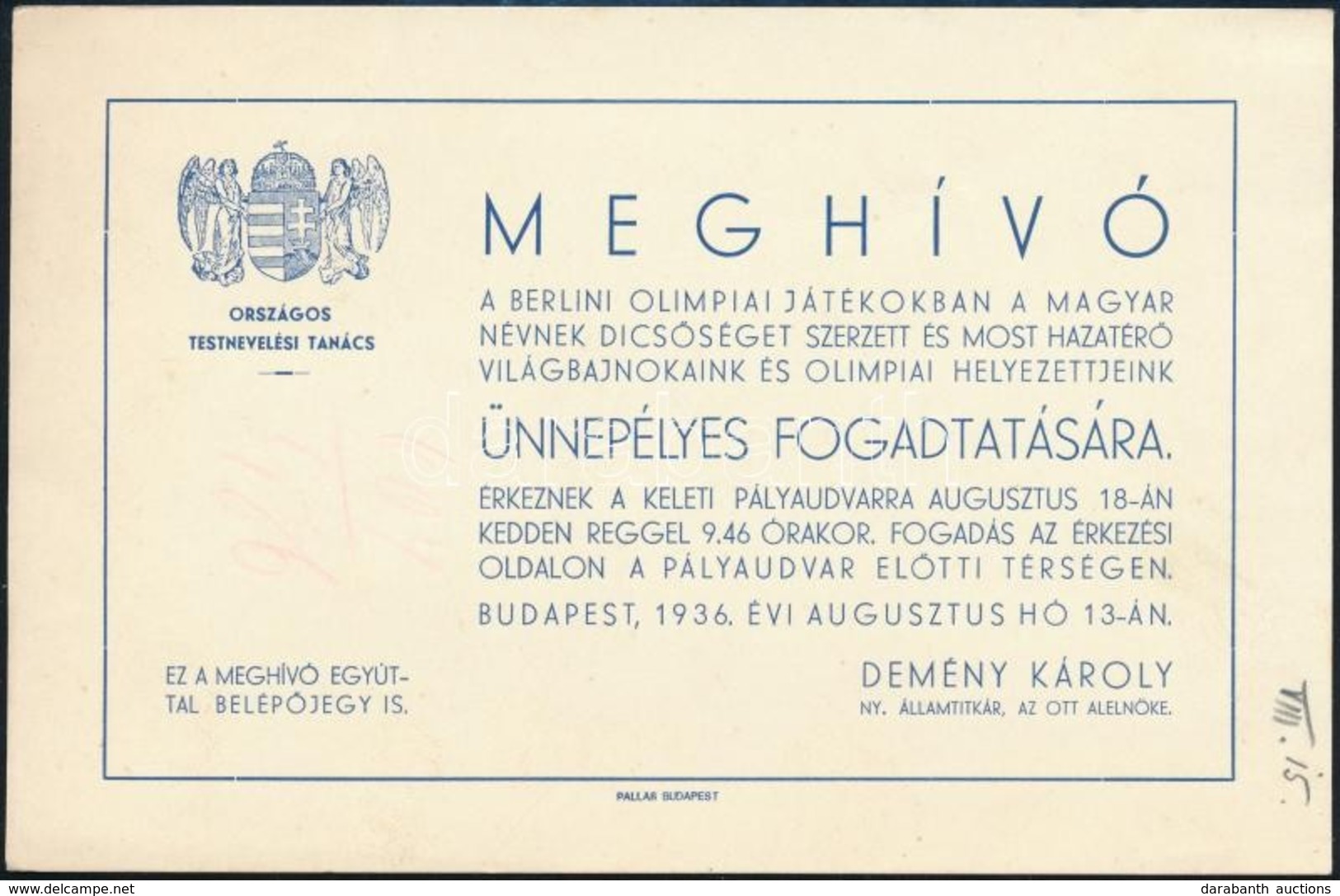 1936 Meghívó és Belépőjegy A Berlini Olimpiáról Visszatérő Sportolók Fogadási ünnepségére - Ohne Zuordnung