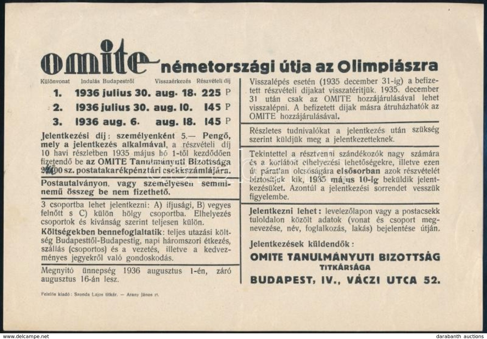 1936 Az OMITE Tanulmányúti Bizottság által Az 1936-os Berlini Olimpiára Szervezett út Reklám Szórólapja, Hátoldalon Ceru - Ohne Zuordnung