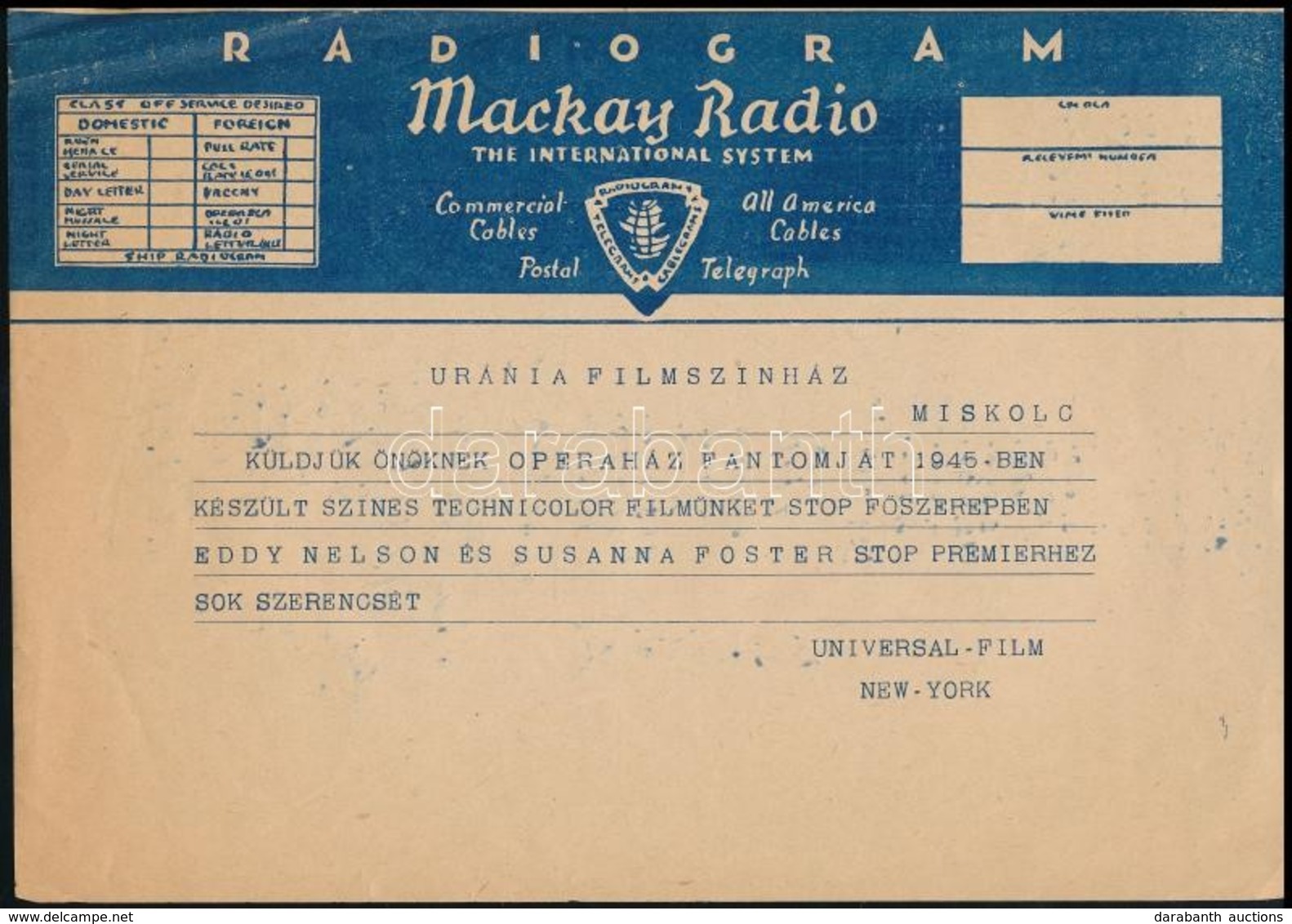 1945 Miskolc, Universal Film Távirata Az Uránia Filmszínháznak Az Operaház Fantomja C. Film Megküldéséről, Radiogram, Gy - Ohne Zuordnung