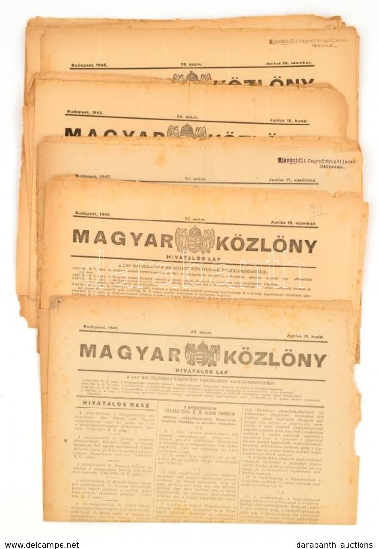 1945 Magyar Közlöny 49.,53-61.,63-64.,71.,79. Számai, összesen 14 Db, 1945. Jún. 12. - Júl. 18., Szerk.: Szabó Zoltán. B - Sin Clasificación