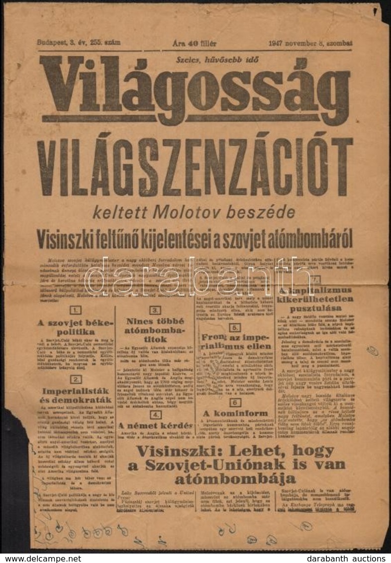 1947 Világosság Napilap November 8-i Száma, Benne A Szovjet Atombomba Hírével, Viseltes állapotban - Sin Clasificación