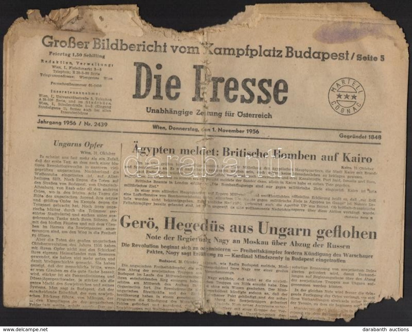 1956 A Die Presse November 2, Száma, Benne A Budapesti Forradalomról Szóló Tudósítással. Szakadozott állapotban - Sin Clasificación