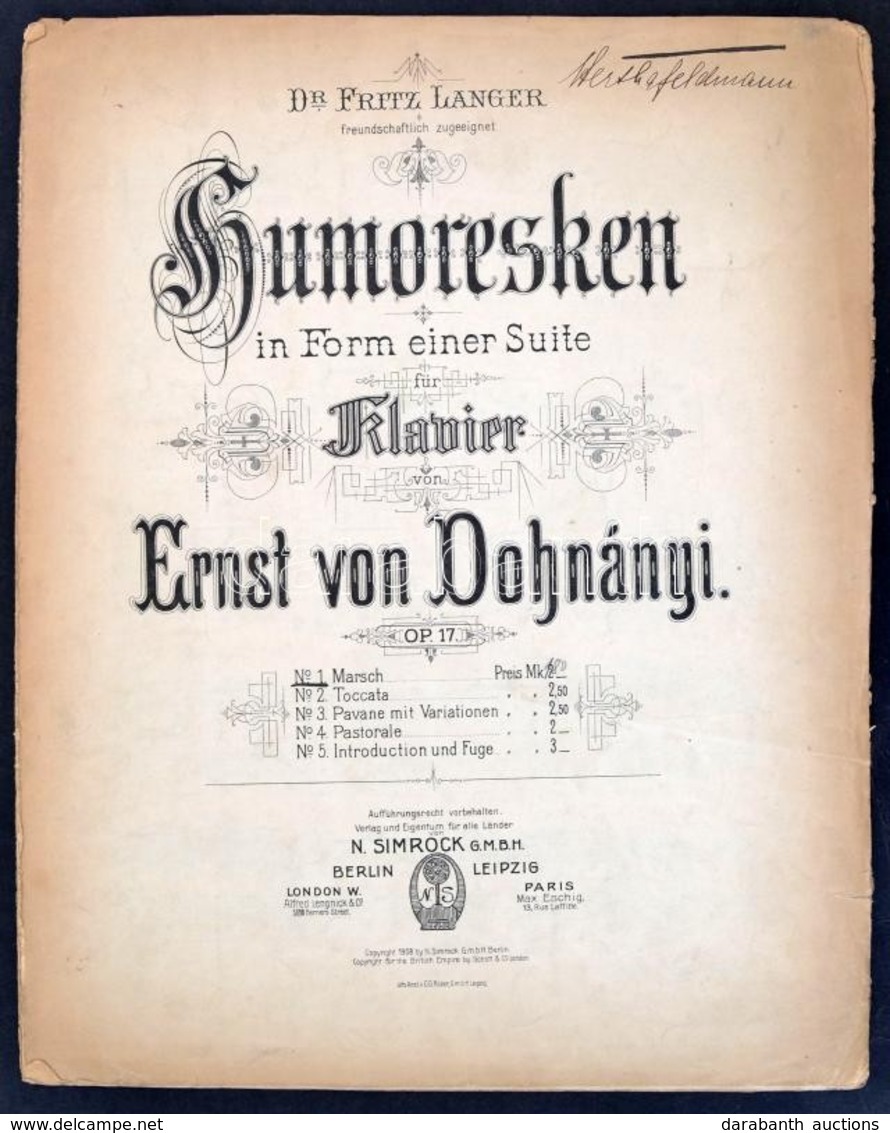 Dohnányi Ernő: Humoresken Form Einer Suite Für Klavier. Op. 17. - Sonstige & Ohne Zuordnung