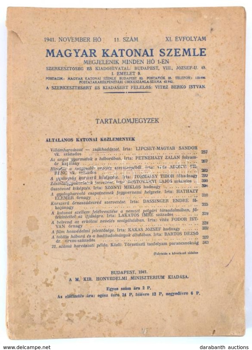 Magyar Katonai Szemle. 1941. Novemberi Szám. Kiadói Papírkötésben - Sin Clasificación