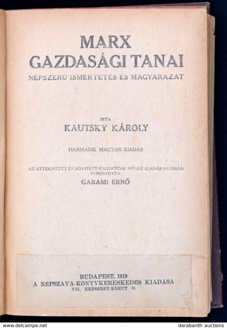 Kautsky Károly: Marx Gazdasági Tanai. Népszerű Ismertetés és Magyarázat. Bp., 1919, Népszava. Félvászon Kötésben, Jó áll - Sin Clasificación