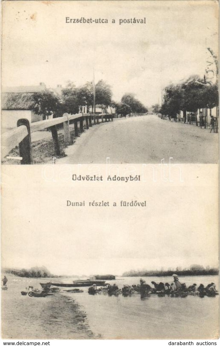 T2/T3 1913 Adony, Erzsébet Utca, Posta, Dunai Részlet A Fürdővel, Mosóasszonyok, úszó Vízi Hajómalom (?) (fa) - Sin Clasificación