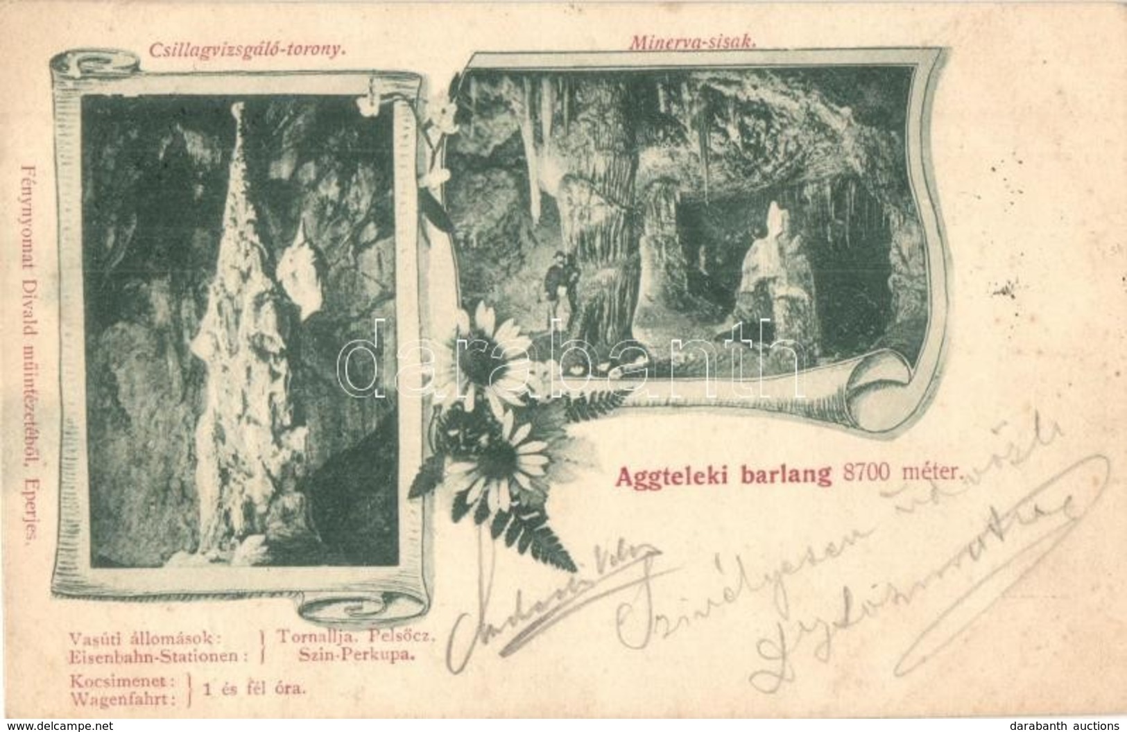 * T2/T3 1899 Aggteleki Barlang, Csillagvizsgáló-torony, Minerva Sisak. Divald. Floral, Art Nouveau (Rb) - Sin Clasificación