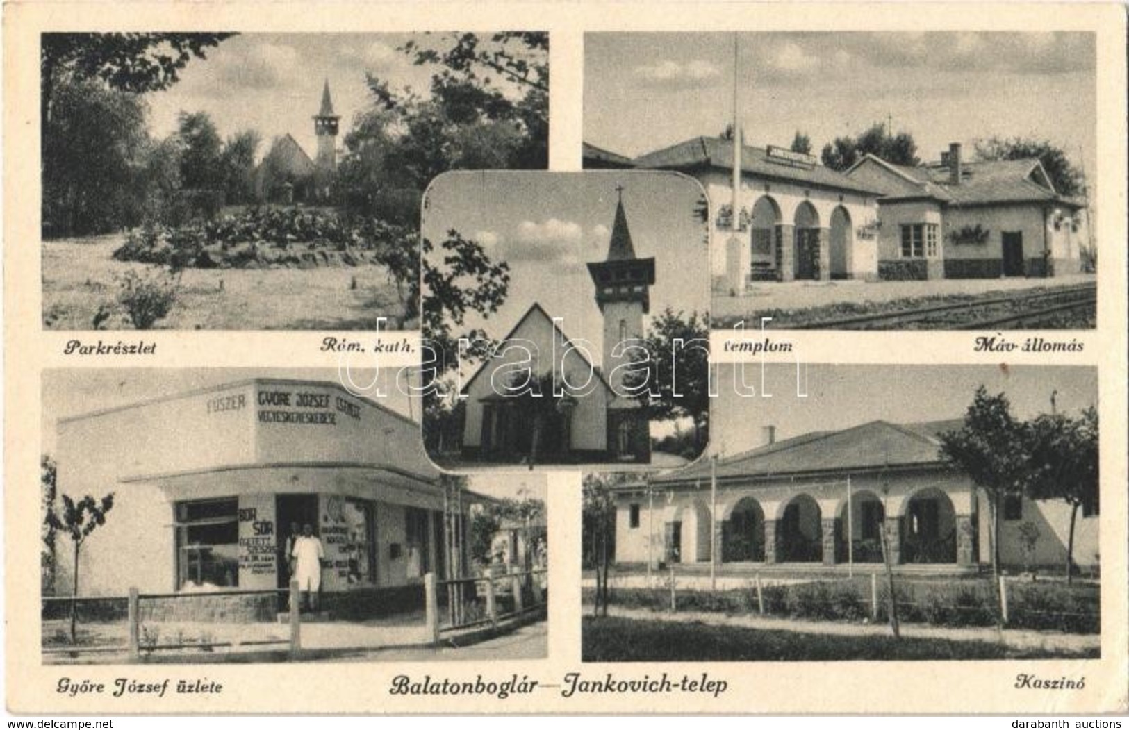 T2/T3 1942 Balatonboglár, Jankovich Telep, Park, Római Katolikus Templom, Vasútállomás, Györe József üzlete, Kaszinó. (E - Sin Clasificación