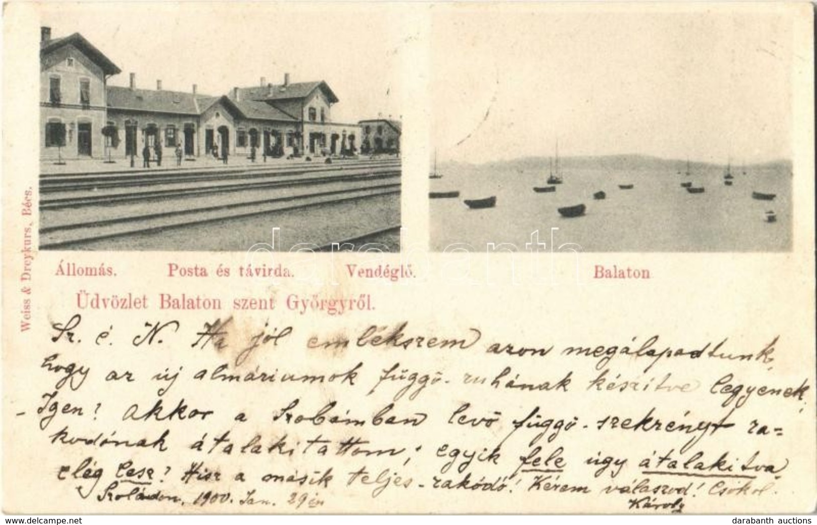 T2 1900 Balatonszentgyörgy, Vasútállomás, Posta és Távirda, Balaton, Csónakok. Weisz és Dreykurs Kiadása - Sin Clasificación