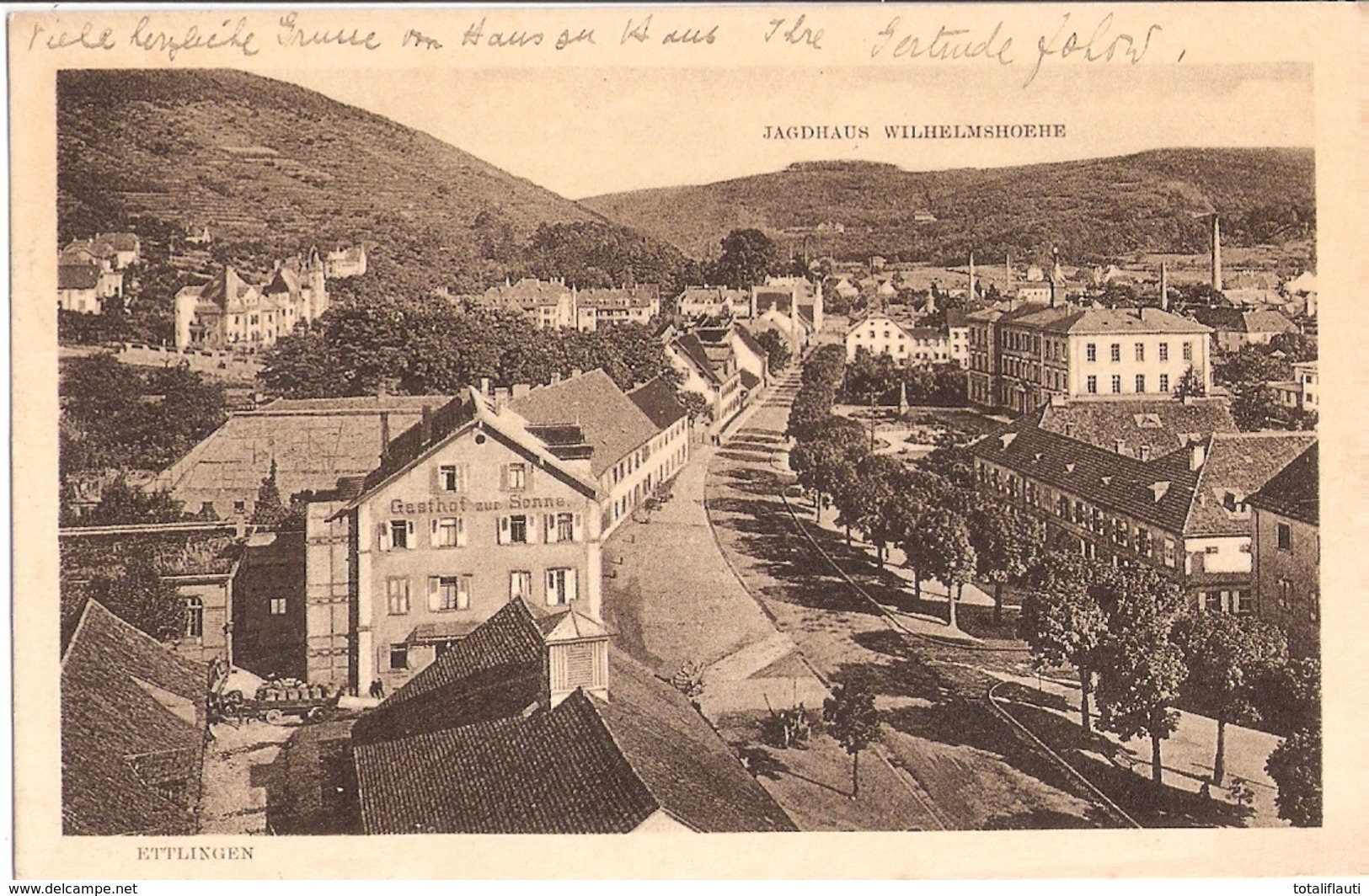 ETTLINGEN Vogelschau Hauptstrasse Hotel Zur Sonne Jagdhus Wilhelmshöhe Gelaufen 28.2.1914 TOP-Erhaltung - Ettlingen