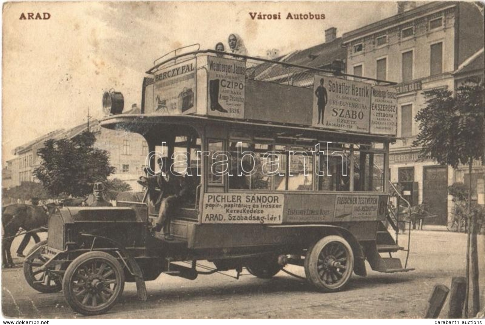 T2/T3 1909 Arad, Városi Autóbusz, Rajta Berczy Pál, Weinberger János, Schaffer Henrik, Winberger Ferenc, Pichler Sándor, - Ohne Zuordnung