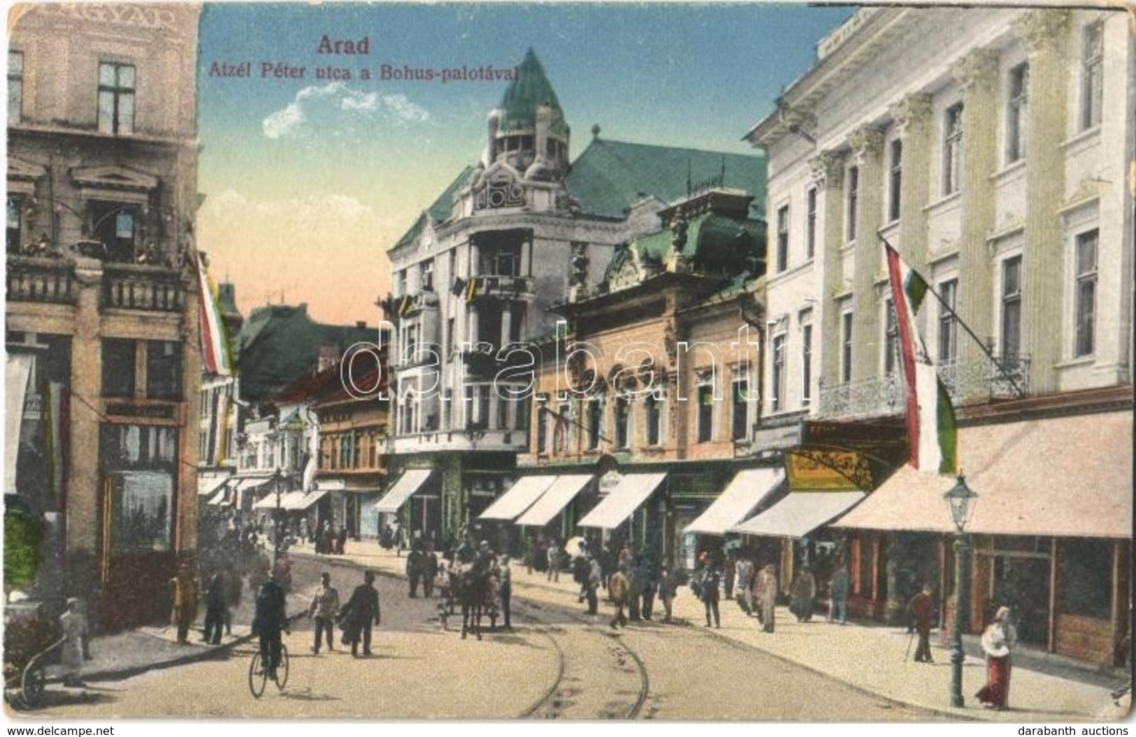 T2/T3 Arad, Atzél Péter Utca, Bohus Palota, Magyar Zászlók, üzletek / Street, Palace, Hungarian Flags, Shops - Ohne Zuordnung