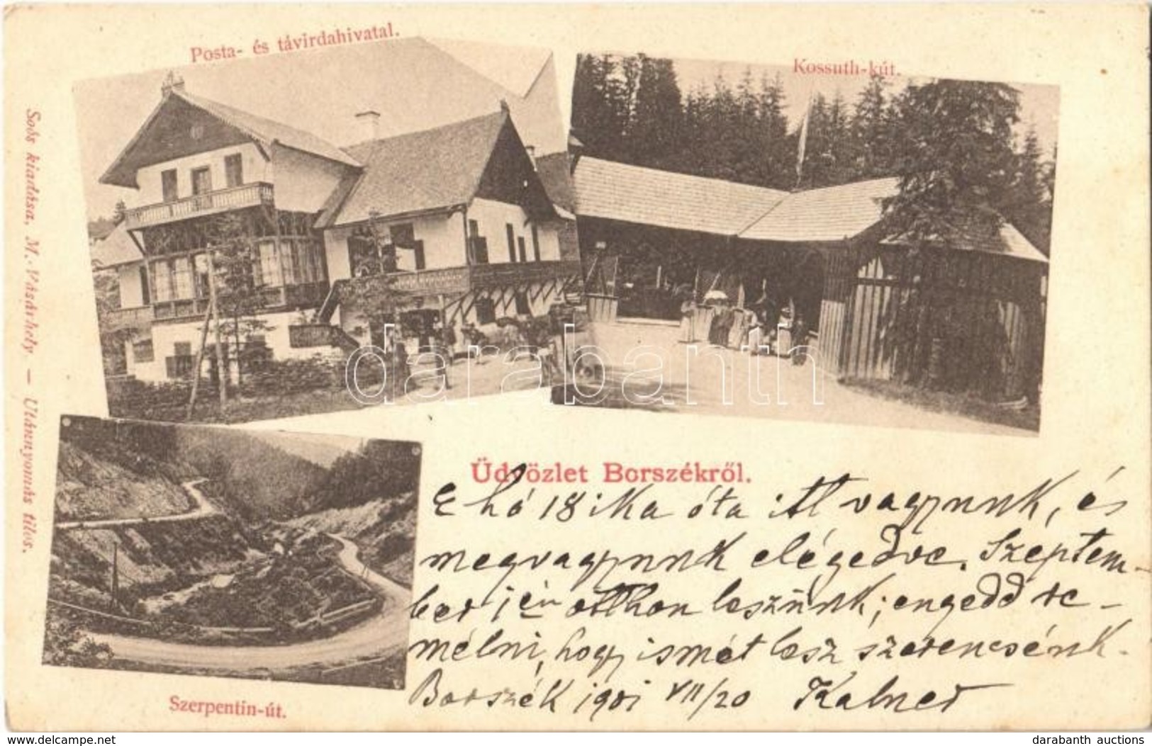 T2 1901 Borszék, Borsec; Kossuth Kút, Szerpentin út, Posta és Távirda Hivatal. Soós Kiadása / Spring Well, Road, Post An - Ohne Zuordnung