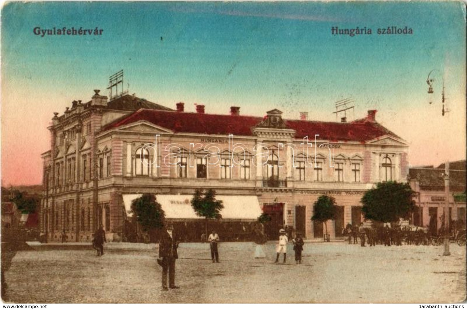 T2/T3 Gyulafehérvár, Alba Iulia; Hungária Szálloda, Takarékpénztár, Gruninger üzlete / Hotel, Savings Bank, Shop (ázott  - Sin Clasificación