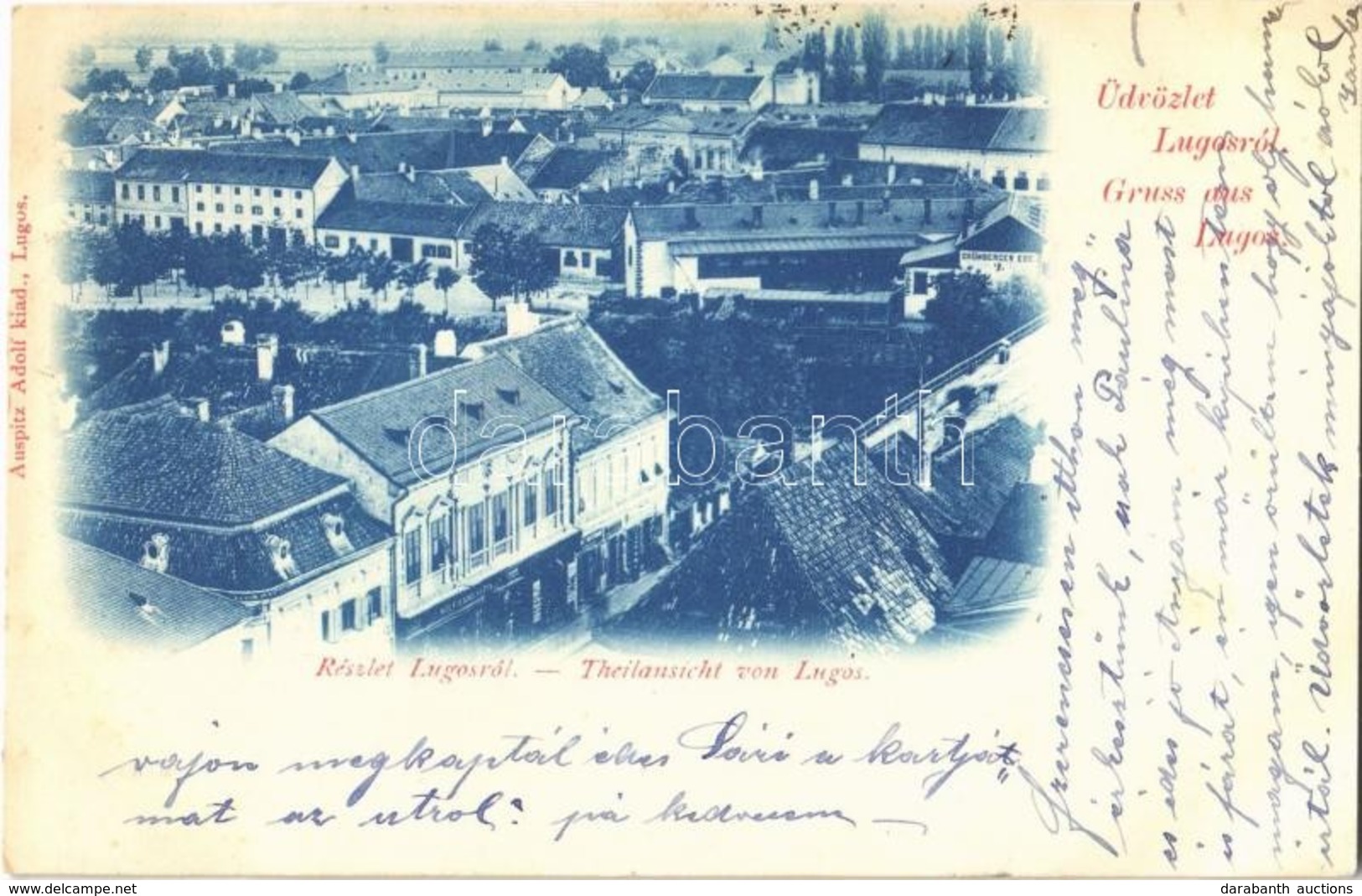 T2 1900 Lugos, Lugoj; Látkép, Wolf Samu és Fia, Grünberger Ede üzlete. Auspitz Adolf Kiadása / General View, Shops - Sin Clasificación