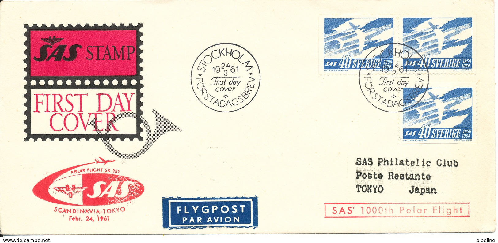 Sweden FDC 24-2-1961 SAS 10 Years And SAS 1000th Polarflight Scandinavia - Tokyo 24-2-1961 - FDC