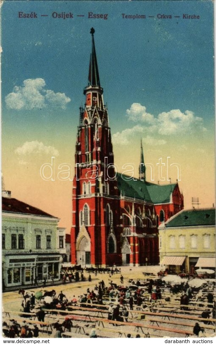 T2/T3 1918 Eszék, Osijek, Esseg; Templom, Piac, Drogéria / Crkva / Kirche / Church, Market, Drogerie (EK) - Otros & Sin Clasificación