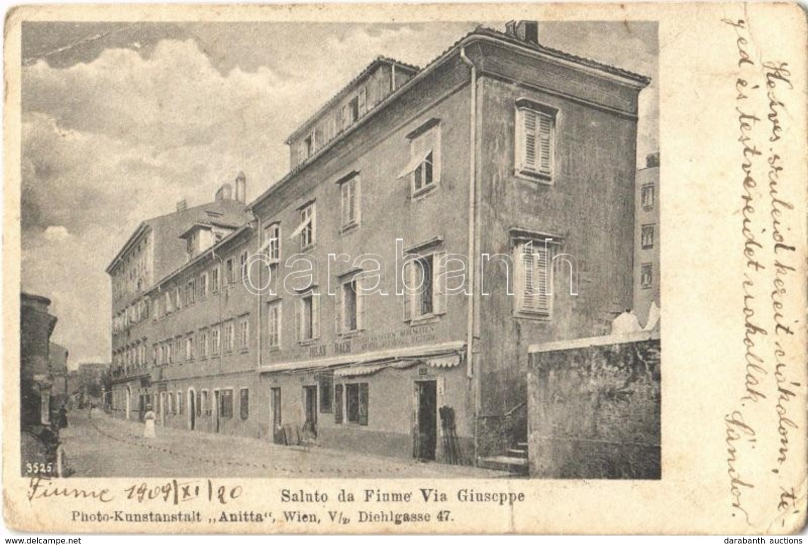 T3 1909 Fiume, Rijeka; Via Giuseppe / Utca, Milan Bach üzlete / Street View, Shops. Photo-Kunstanstalt 'Anitta' (EB) - Otros & Sin Clasificación