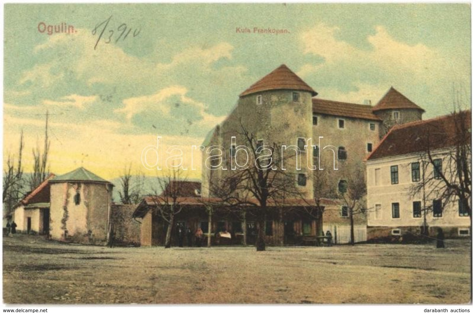 T2 1910 Ogulin, Kula Frankopan / Castle, Tower + 'FIUME - ZÁGRÁB 64. SZ.' Vasúti Mozgóposta Bélyegző - Otros & Sin Clasificación