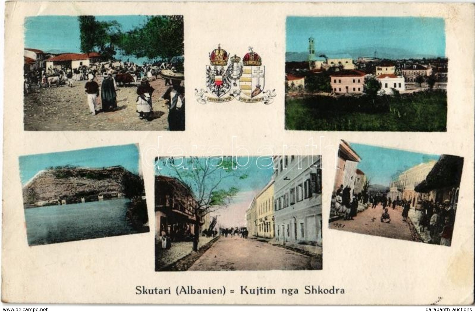 T2/T3 Shkoder, Shkodra, Skutari; Kujtim Nga / Greetings, Streets, Market, Coat Of Arms Of The Austro-Hungarian Empire +  - Sonstige & Ohne Zuordnung