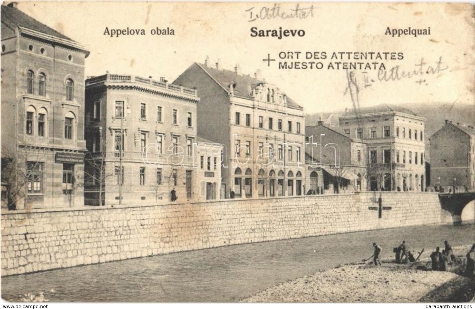 * T2/T3 1914 Sarajevo, Appelova Obala, Mjesto Atentata / Appelquai, Ort Des Attentates / Quay, Shops, Workers By The Riv - Otros & Sin Clasificación