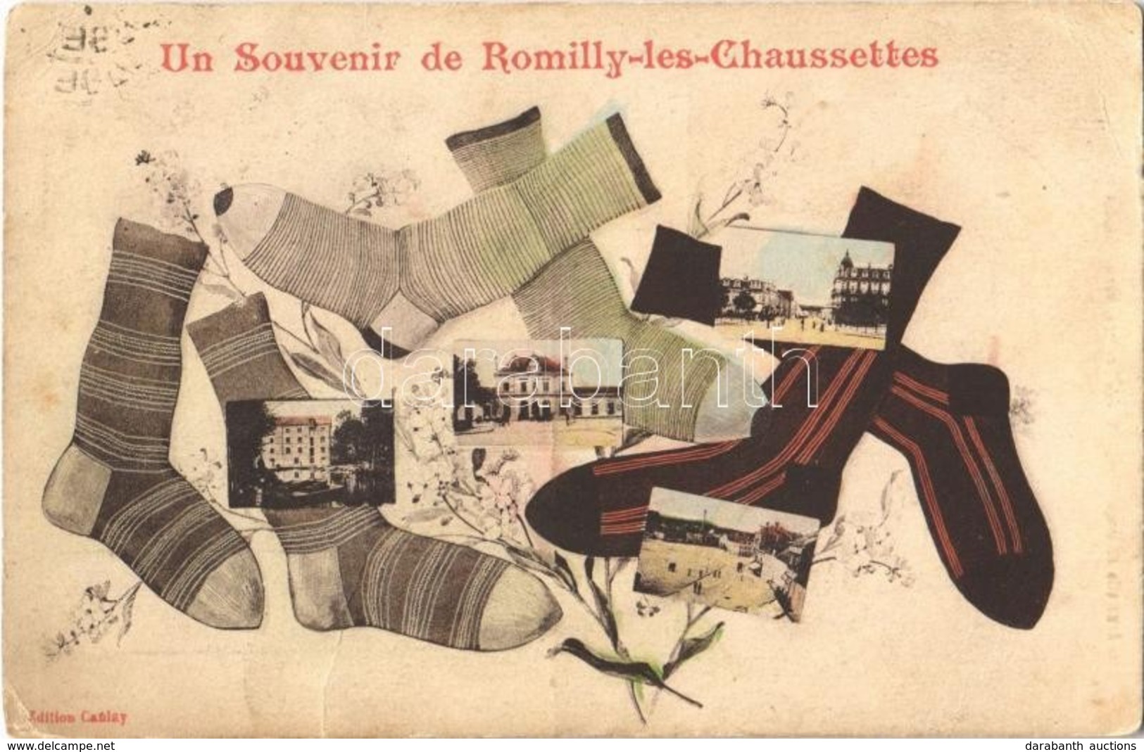 * T3 Romilly-les-Chaussettes, Montage Postcard With Socks, Floral Art Nouveau  (Rb) - Otros & Sin Clasificación